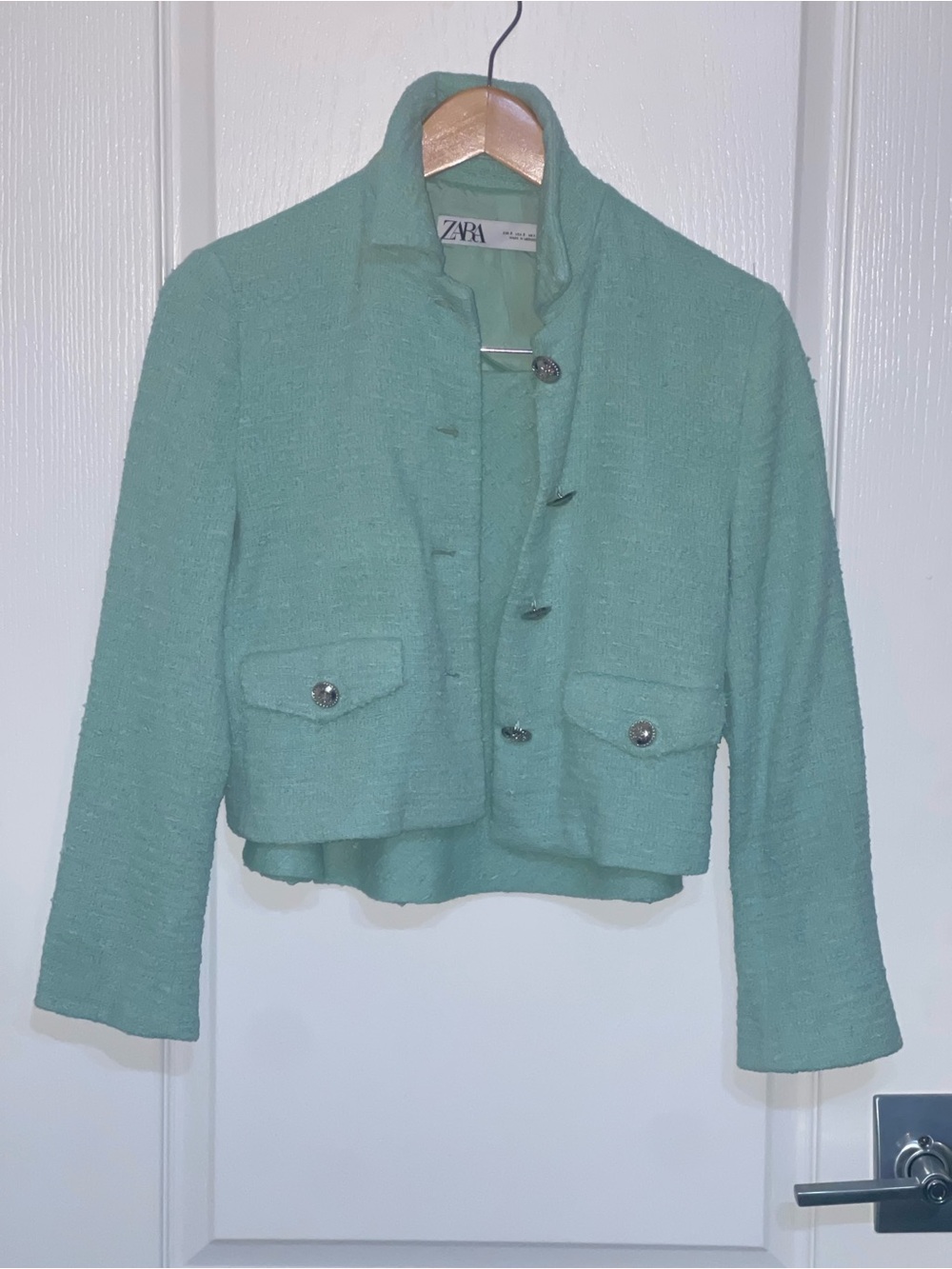 ZARA Aquamarine Turquoise Teal Green Blue Textured Jacket Tweed Skirt Set Small - Picture 7 of 14